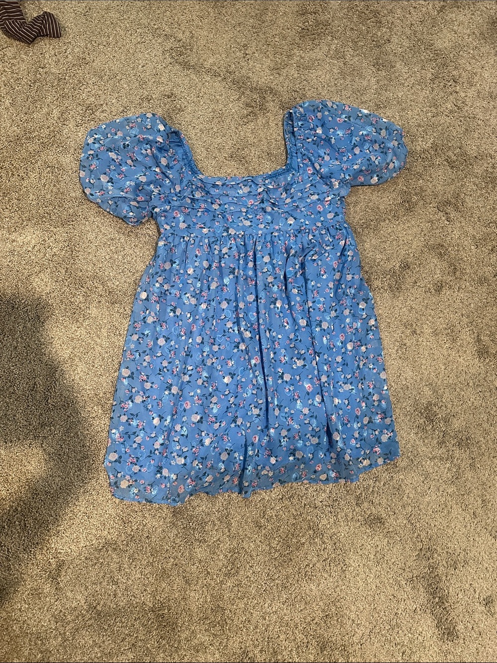 Blue Floral Puff-Sleeve Mini Dress